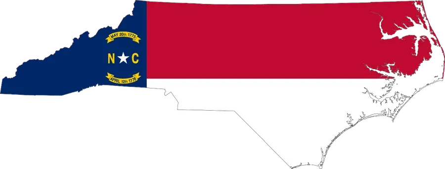 Outline map of North Carolina filled with the state flag: a blue hoist bearing a white star between the initials N and C, and red and white horizontal bars.