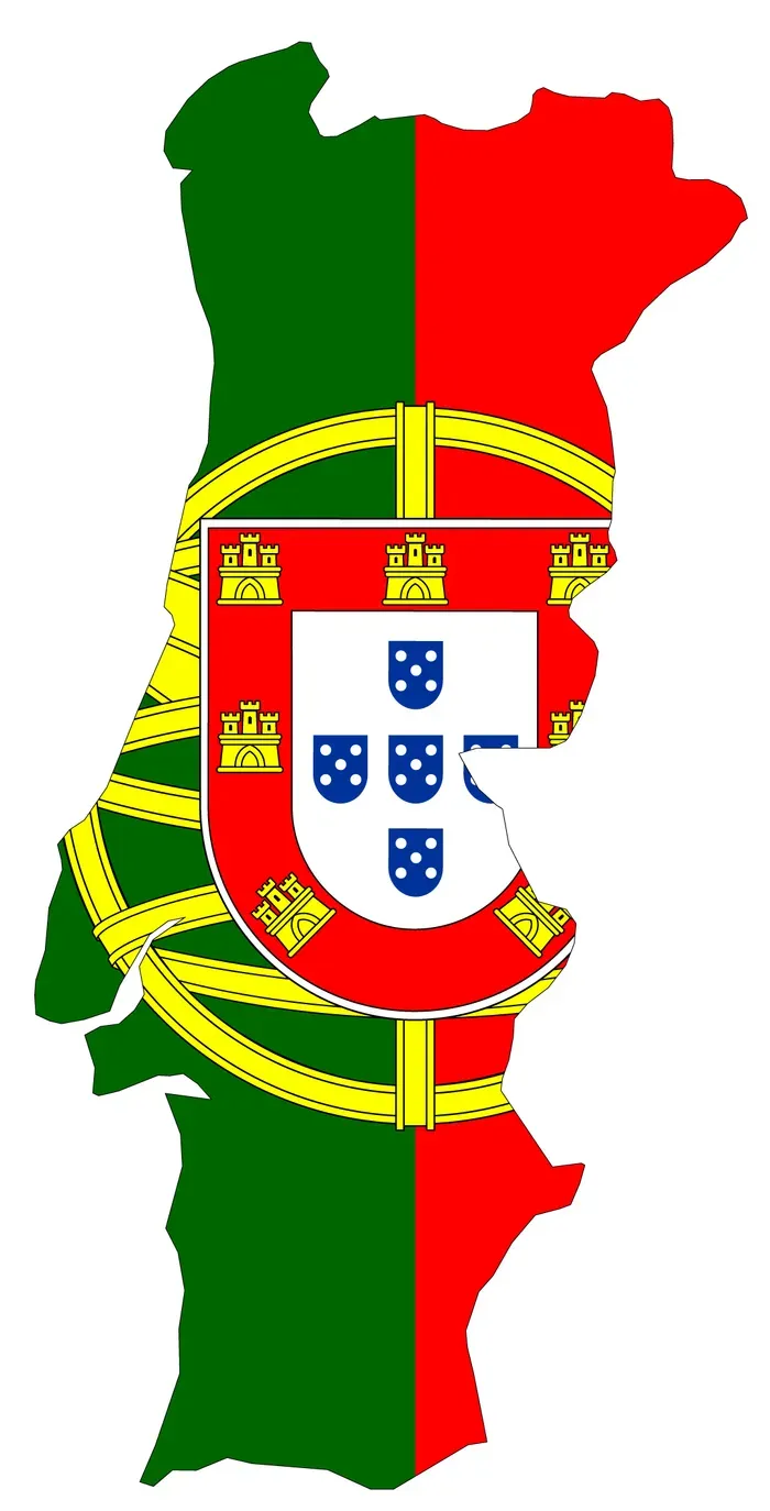 Outline map of Portugal filled with the national flag: green and red fields behind the armillary sphere and shield.